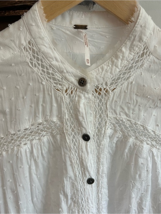 Free People Tops - Free People White Swiss Dot Crochet Trim Button-Front Blouse